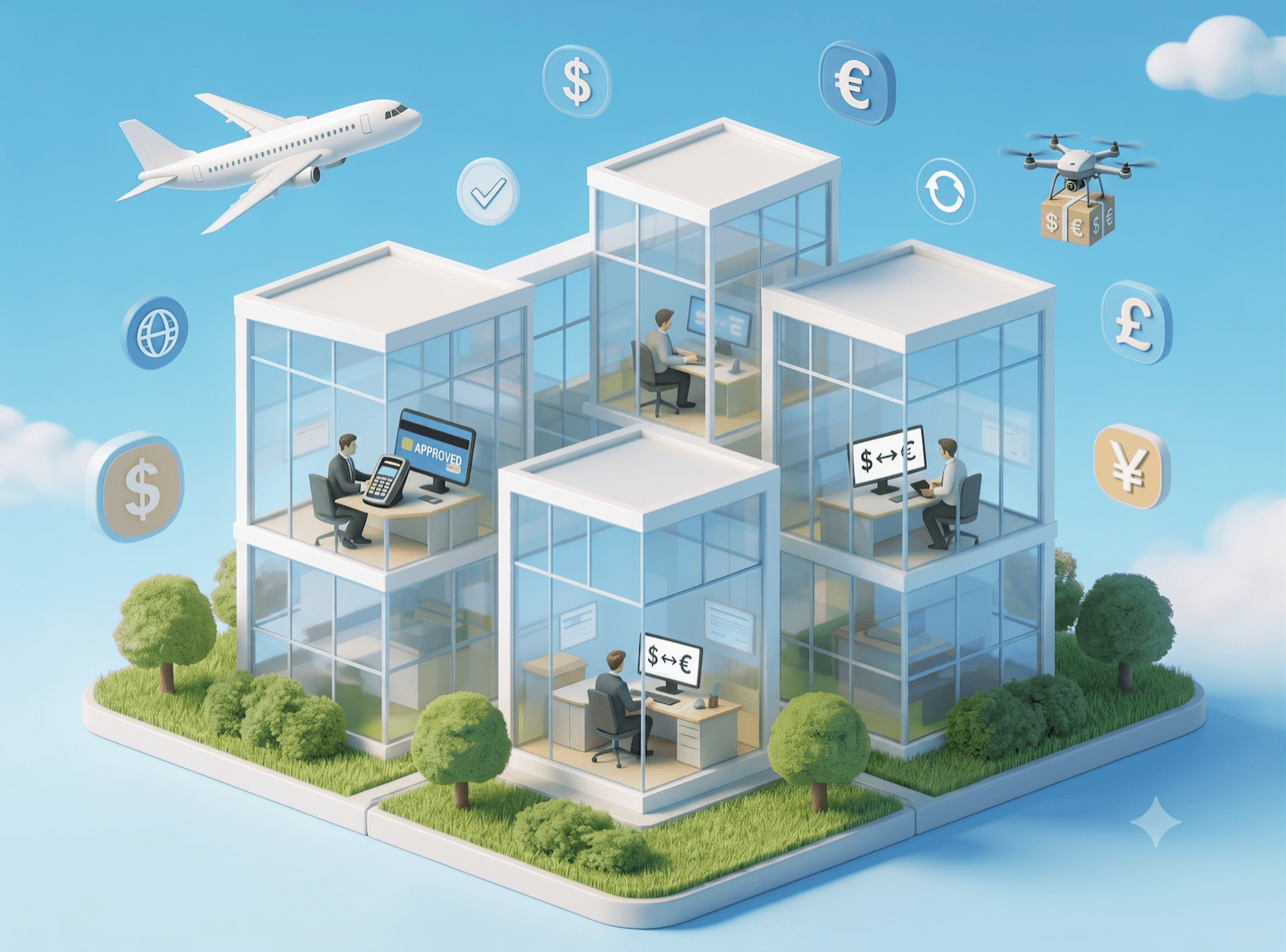 Global collections hero: multi-site glass office tower and multi-currency collections